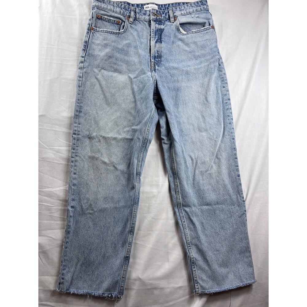 Zara High Rise Straight Leg Jeans Womens 12 Light Wash Raw Hem Button Fly Blue